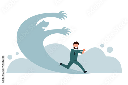Businessman is afraid of his own shadow that looks like a demon. The concept of escaping the evil within one's own heart. Refusal to accept problems that arise within one's heart. Vector illustration photo