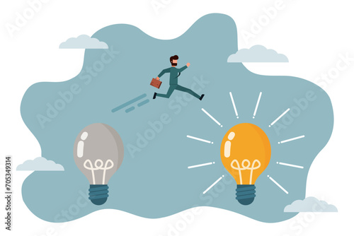 A smart businessman jumps from an old light bulb idea to a new idea. Business changes. Moving towards a more innovative company. Improving and adapting to the new normal concept. Vector illustration