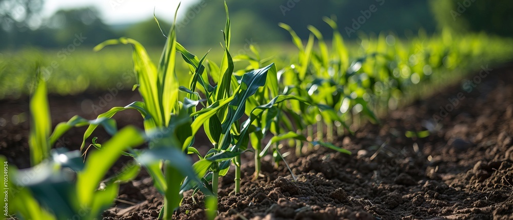 Sprouts of young corn plants growing on the field fertile soil Sprouts of young corn plants growing on the field fertile soil