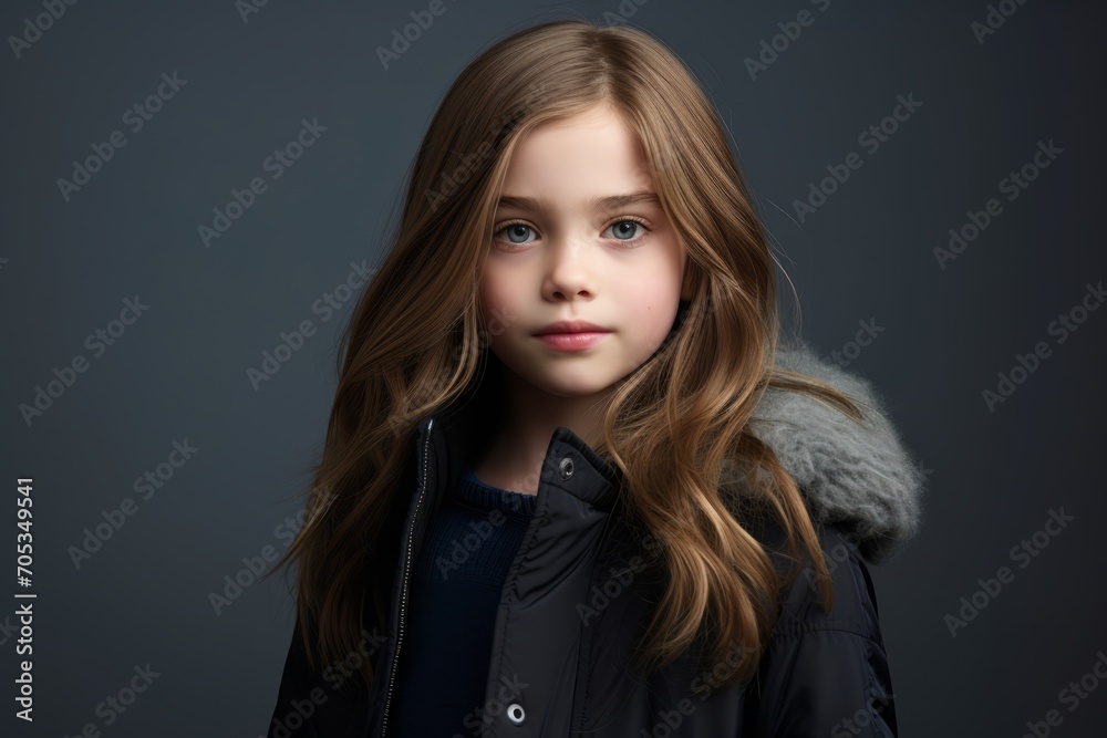 Portrait of a cute little girl with long hair in a black jacket. Portrait of a cute little girl with long hair in a black jacket.