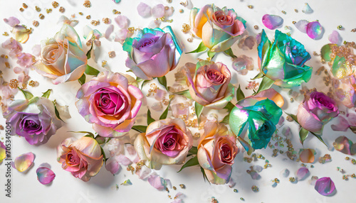 Iridescent glossy roses, festive, glamorous, copy space, close-up