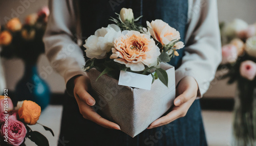 Flowers, present, message card, hand holding box, close-up
