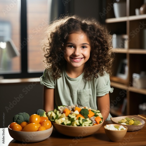 Little girl with curly hair smiles while standing next to a table full of healthy food