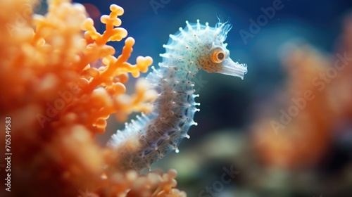 Closeup of a tiny seahorse clinging onto a piece of coral with its curled tail.