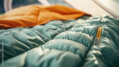 Closeup of a tent zipper being od, revealing a cozy sleeping bag inside.