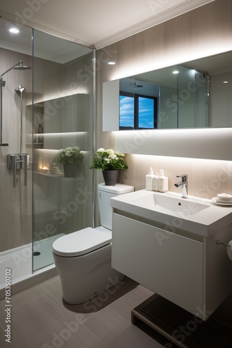 Modern bathroom interior with glass shower enclosure and white vanity