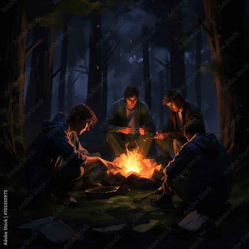 A Group of Friends Around a Campfire at Night