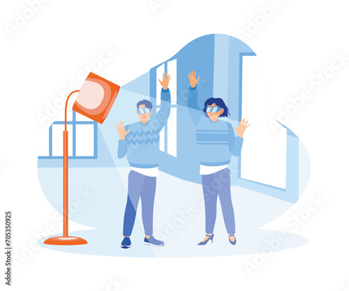 Young couples using virtual glasses, making hand gestures, and using VR technology. Virtual Relationships concept. Flat vector illustration.