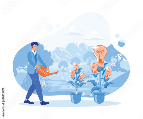 Employees water flowers using watering pots. Symbolizes the concept of growth of new business ideas. Growth Analysis concept. trend flat vector modern illustration 