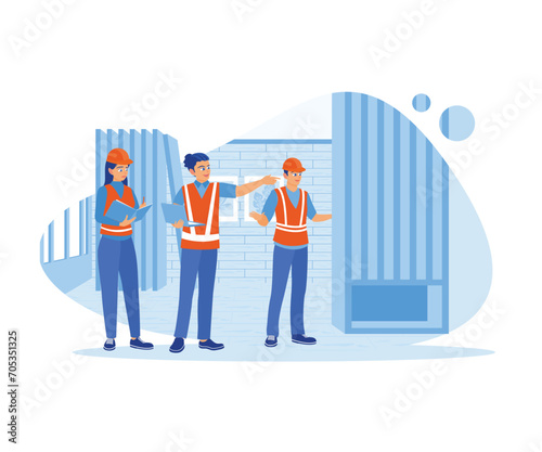 Discuss the plan for the work of engineers and architects in the building interior construction process. Discuss Information concept. Trend Modern vector flat illustration