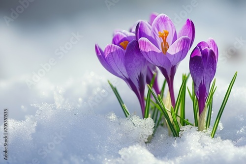Blooming purple crocuses emerging from under a blanket of melting snow, symbolizing the arrival of early spring, vibrant purple against the white snow © bluebeat76