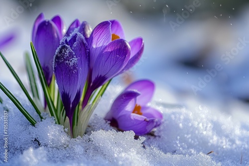 Blooming purple crocuses emerging from under a blanket of melting snow, symbolizing the arrival of early spring, vibrant purple against the white snow © bluebeat76