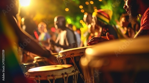 Closeup of a group of drums being played at a reggae music concert. photo