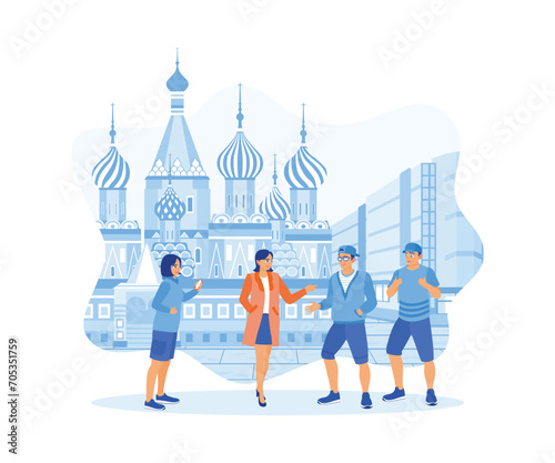 A girl works as a tour guide. Giving explanations to young tourists on a walking tour of Moscow. Tourist Guide concept. Trend Modern vector flat illustration