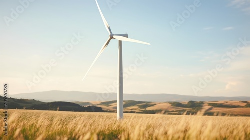 Closeup of a single wind turbine standing tall in a vast open field. © Justlight