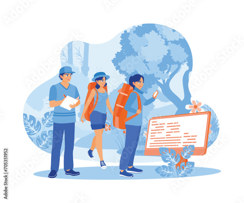 Group of people with backpacks trekking on a forest path. Together with a guide and using a smartphone. Tourist Guide concept. Trend Modern vector flat illustration