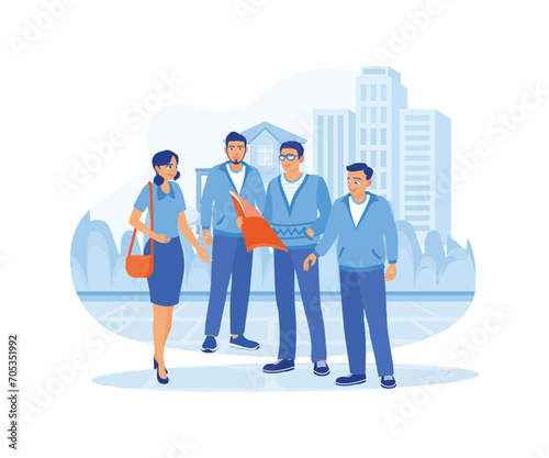 Travel, vacation, and friendship concept. A group of friends go on a journey using a map to explore the city. Tourist Guide concept. Trend Modern vector flat illustration