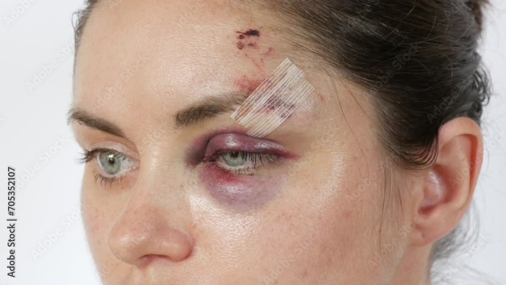 Large real bruise hematoma under the eye of a young woman, fresh purple bruise and scratches on the forehead from a blow. terrified face of domestic violence victim close-up white background. Large real bruise hematoma under the eye of a young woman, fresh purple bruise and scratches on the forehead from a blow. terrified face of domestic violence victim close-up white background.