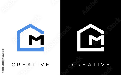 modern CM letter real estate logo in linear style with simple roof building in blue