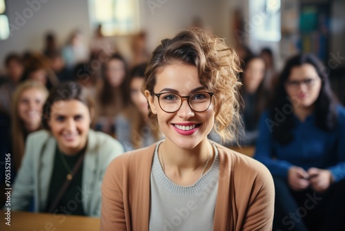 Confident young female student smiling in a classroom photo