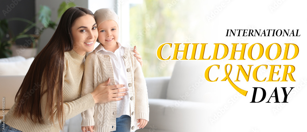 Banner for International Childhood Cancer Day with little girl after chemotherapy and her mother at home - obrazy, fototapety, plakaty 