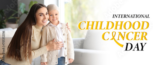Banner for International Childhood Cancer Day with little girl after chemotherapy and her mother at home