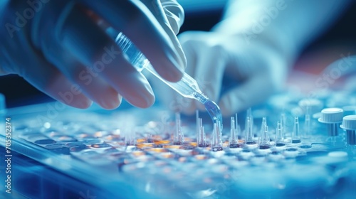 Closeup of a person carefully pipetting a DNA sample into a well plate for genetic testing analysis. photo