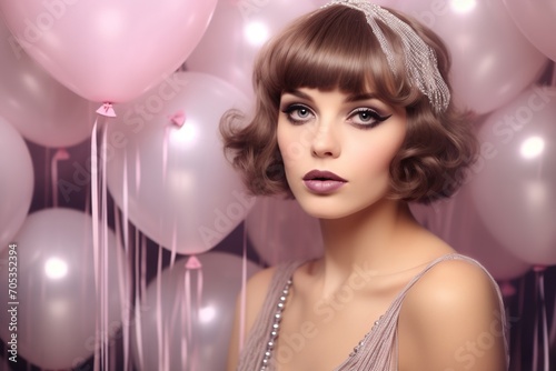 Elegant woman with a vintage hairstyle and pink balloons © Adobe Contributor
