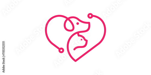 logo design combination of love shape with pet, pet care logo, pet shop, minimalist line.
