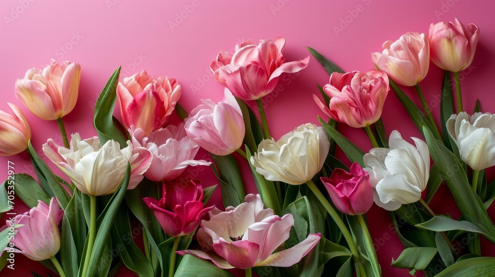 Spring decoration and invite card greeting with tulip flowers on pink surface. Women's Day, March 8th, Easter, Mother's Day, or Anniversaries