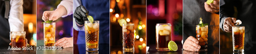 Photography Set of glasses of tasty Cuba Libre cocktail in bar