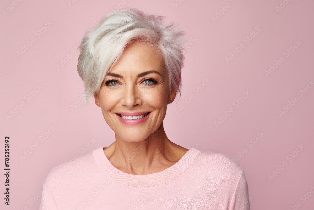 Portrait of smiling middle aged woman with short white hair on pink background Portrait of smiling middle aged woman with short white hair on pink background