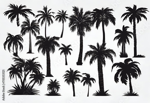 Set of palm trees black color and isolated white background