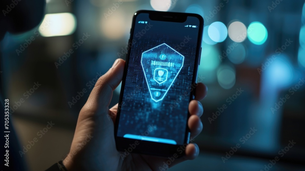 Detailed shot of a hand holding a smartphone with an educational video on online security displayed. Detailed shot of a hand holding a smartphone with an educational video on online security displayed.