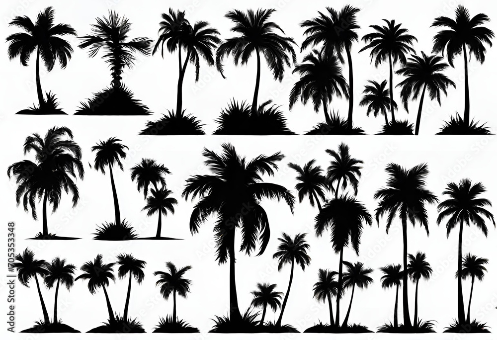 Set of palm trees black color and isolated white background - obrazy, fototapety, plakaty 