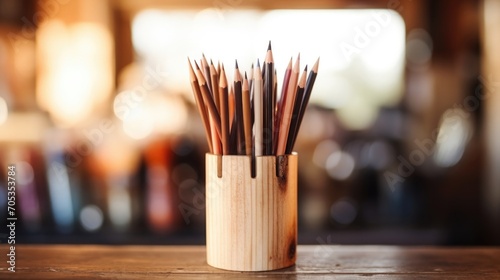 Closeup of a rustic wooden pencil holder filled with various writing utensils.