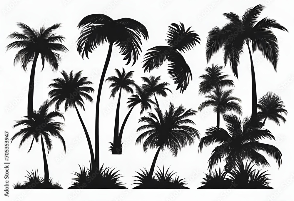 Set of palm trees black color and isolated white background