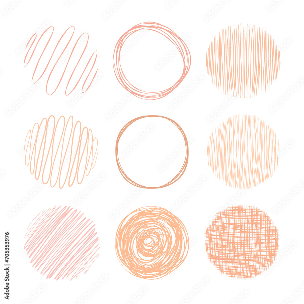 Zestaw ręcznie rysowanych kół. 9 okrągłych kształtów z linii w kolorze peach fuzz. - obrazy, fototapety, plakaty 