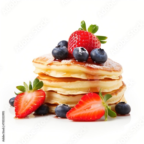 A stack of pancakes with strawberries and blueberries photo