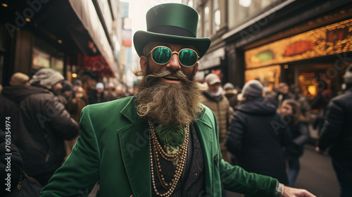 An Irishman old man green outfit dressed as St. Patrick cool style celebrating on the street 