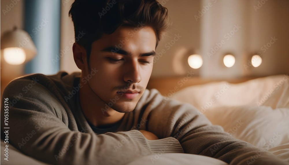 Obraz premium Young man peacefully dozing off in a warmly lit bedroom