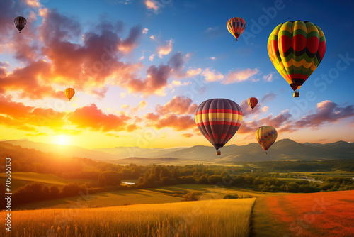 Colorful hot air balloons over blooming field meadow at sunset