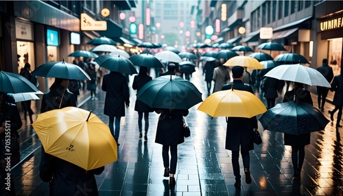Umbrellas dotting a crowded pedestrian walkway  showcasing the urban rhythm of a rainy day
