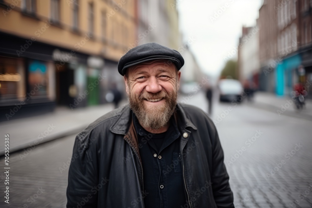 Portrait of a senior man with beard and cap in the city Portrait of a senior man with beard and cap in the city