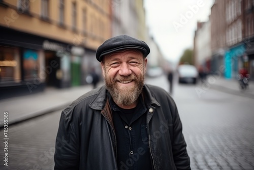 Portrait of a senior man with beard and cap in the city © Iigo