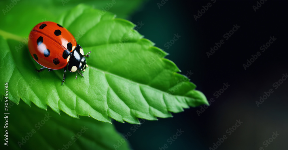 Fototapeta premium Ladybug sitting on a green leaf