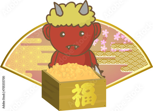 福豆と節分のかわいい鬼のイラスト