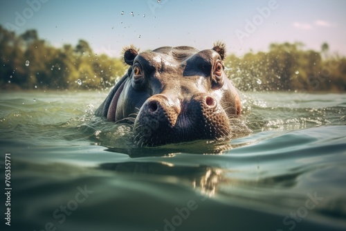 Hippopotamus swimming in river with animal dung on its head