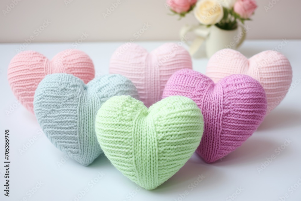 Fototapeta premium Colorful knitted hearts in pastel colors