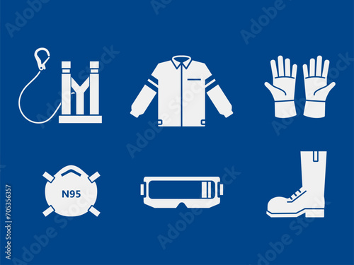 set of industrial PPE icon on blue background
